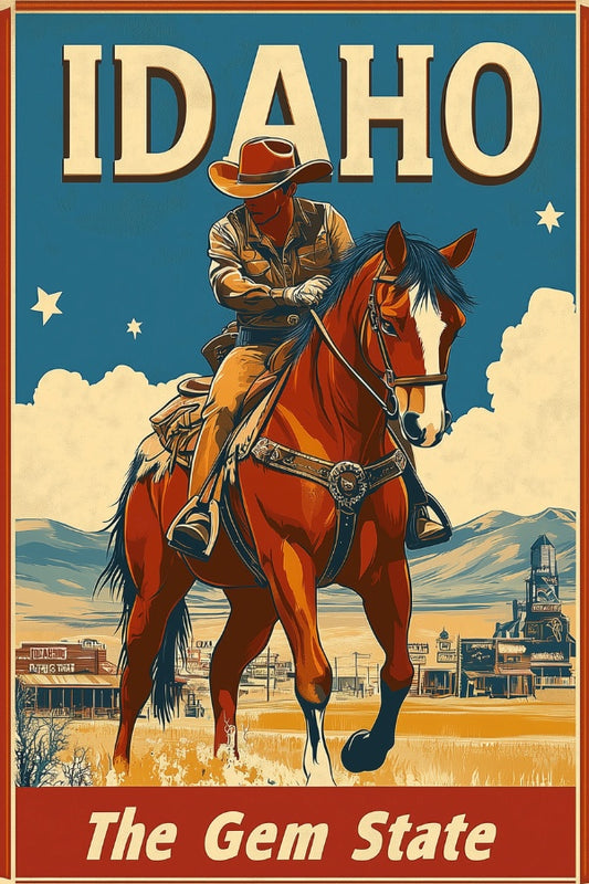 "Idaho", a vintage travel poster, featuring a cowboy on a horse in the old west of Idaho.