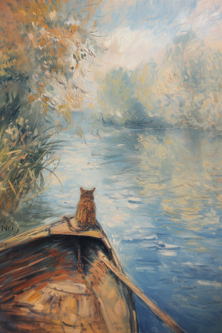 Impressionist painting of a cat sitting at the tip of a rowboat in a calm lake - Paw Prints