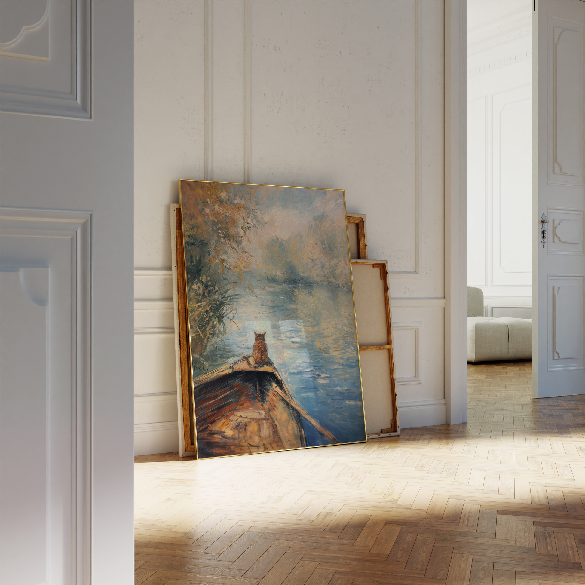 Impressionist painting of a cat sitting on a rowboat in a calm lake, leaning against a white bathroom wall - Paw Prints