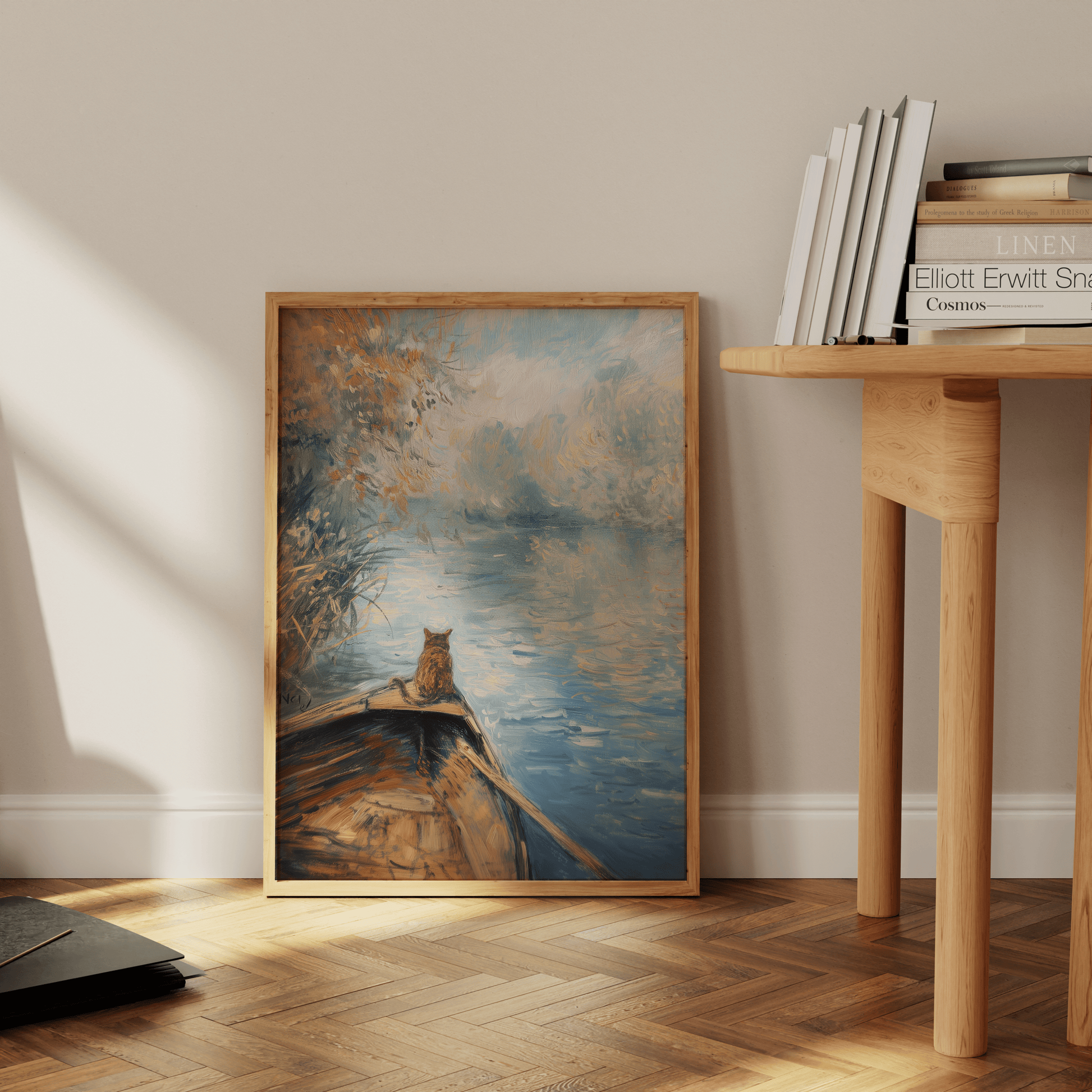 Impressionist painting of a cat sitting on a rowboat in a calm lake, leaning against the office wall - Paw Prints