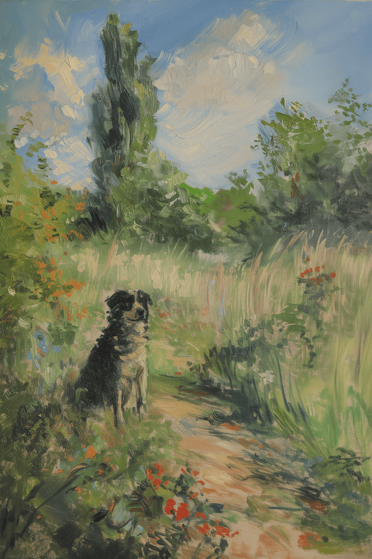 Impressionist painting of a dog sitting in a peaceful grassy forest - Paw Prints 