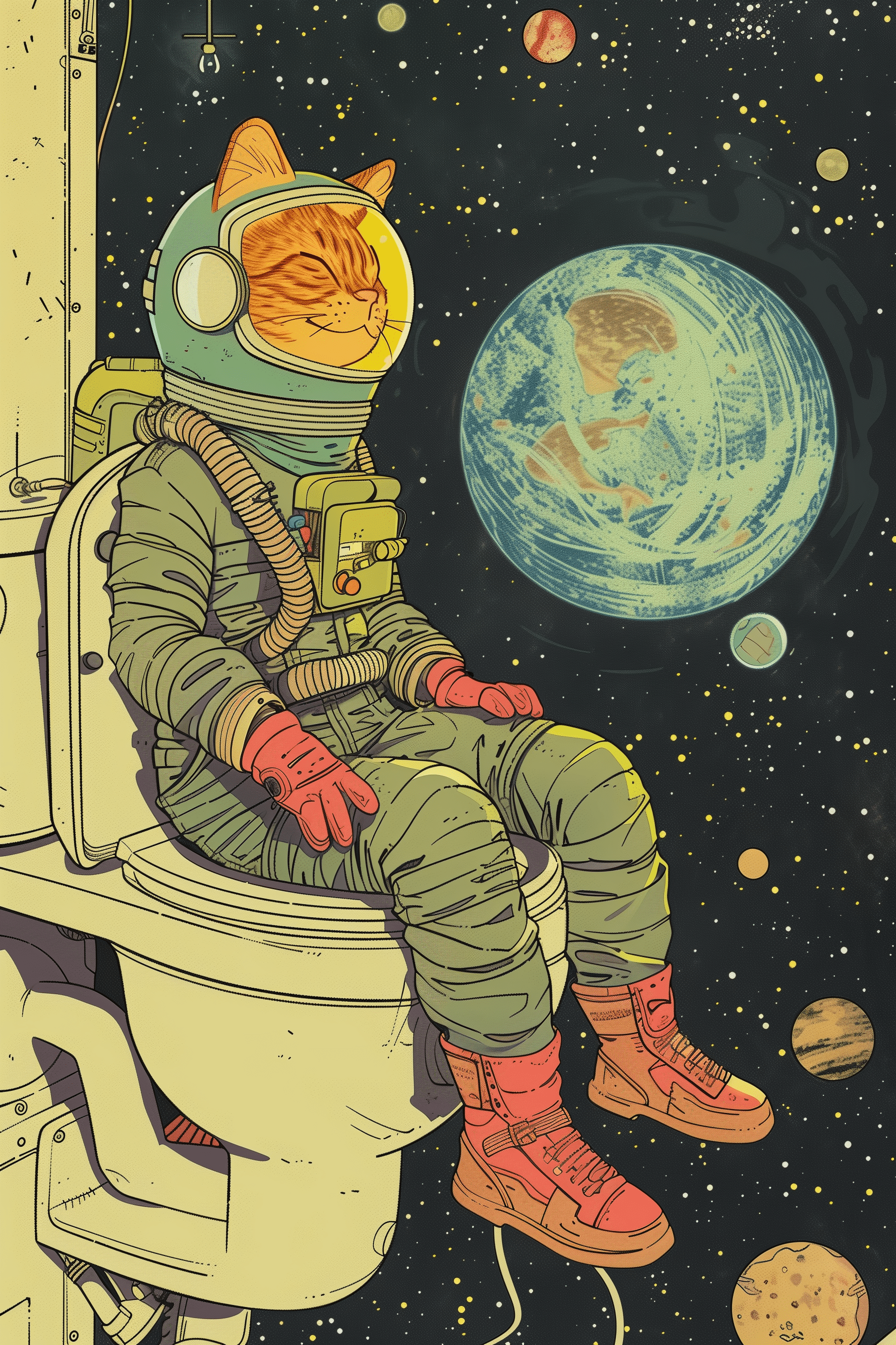 Painting of an orange cat in an astronaut suit, sitting on the toilet overlooking the earth in space - Paw Prints