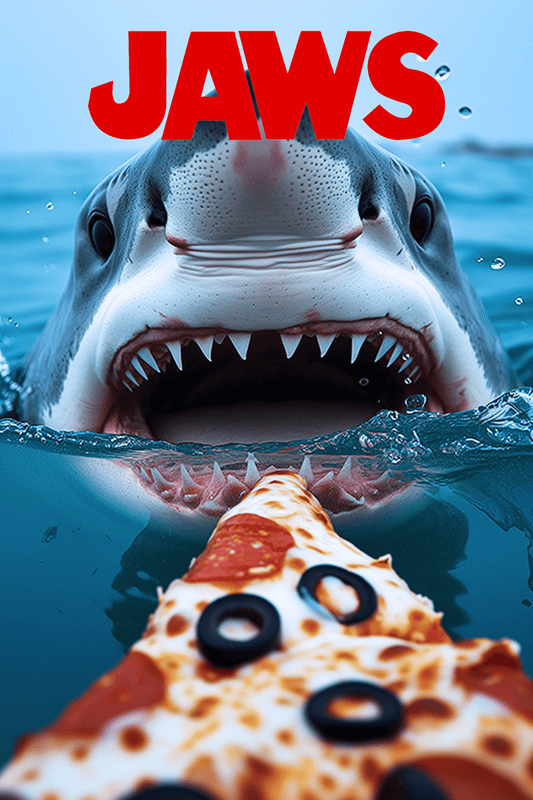 A JAWS movie poster with a great white shark about to eat a pizza - Paw Prints