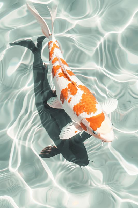 Paw Prints Poster of a Japanese Koi fish swimming in crystal clear water. 