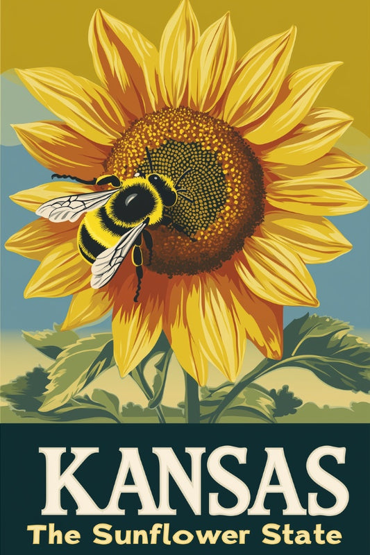 "Kansas", a vintage travel poster, featuring a honeybee ontop of a sunflower in the state of Kansas