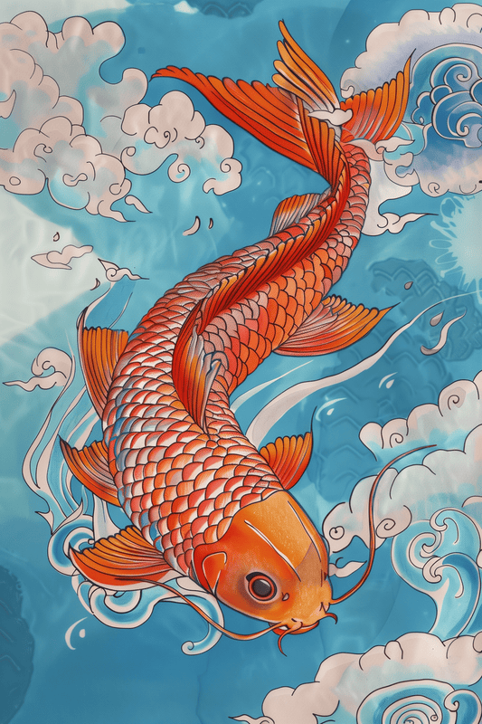 Painting of an orange Japanese koi fish swimming in the blue clouds - Paw Prints