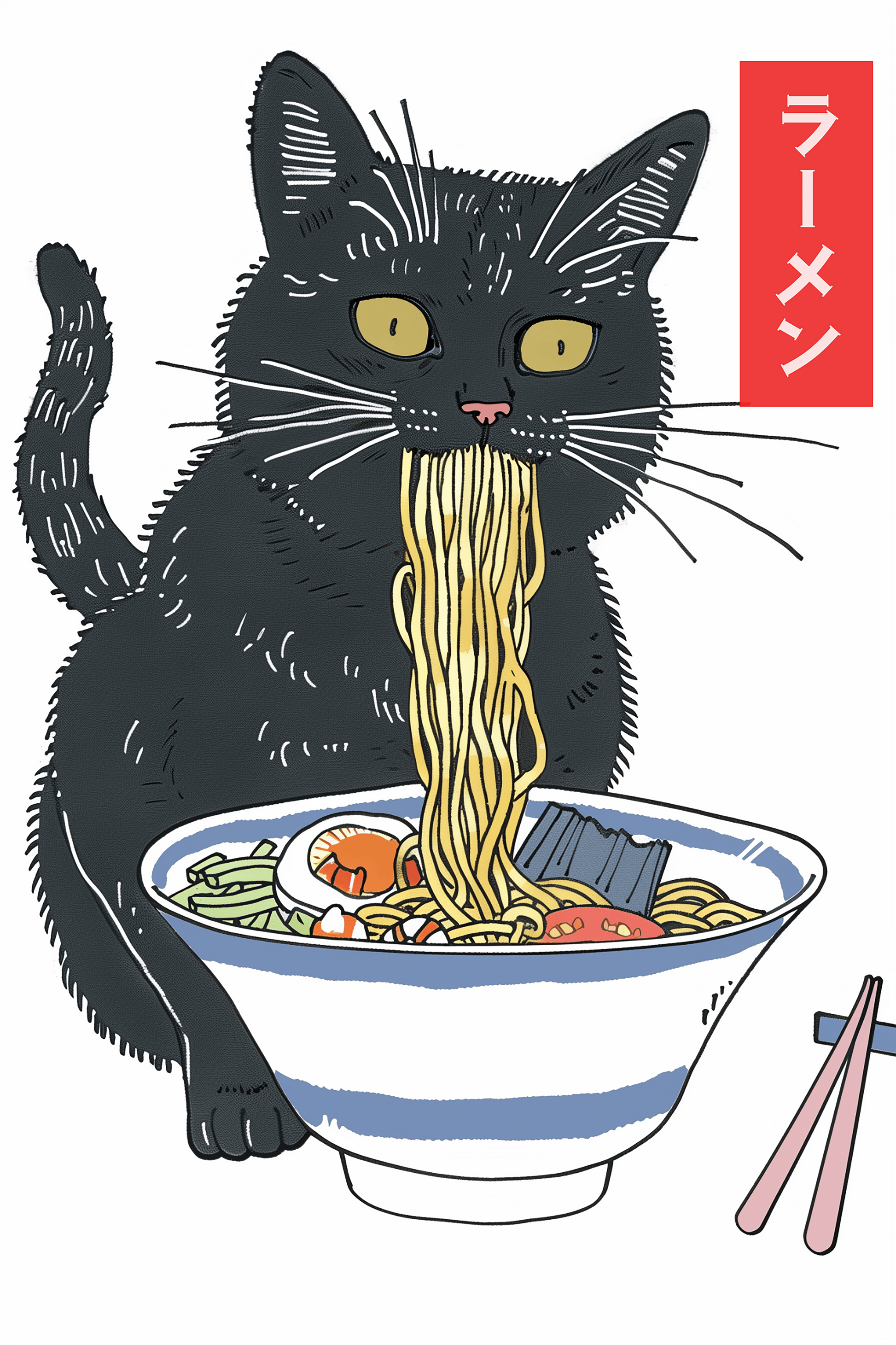 Painting a black cat eating miso ramen in the style of Studio Ghibli, with Japanese Character labeled "ramen" - Paw Prints