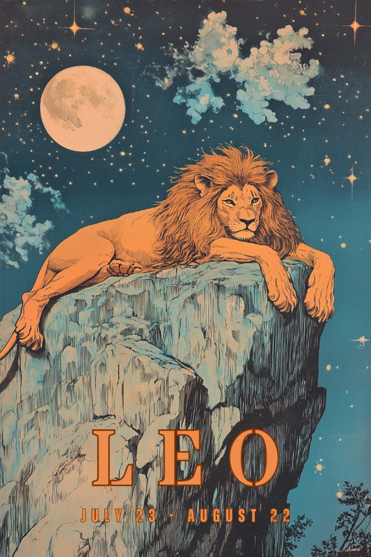 "Leo", a vintage astrology poster, featuring a lion resting calmly on a rock under the midnight moon