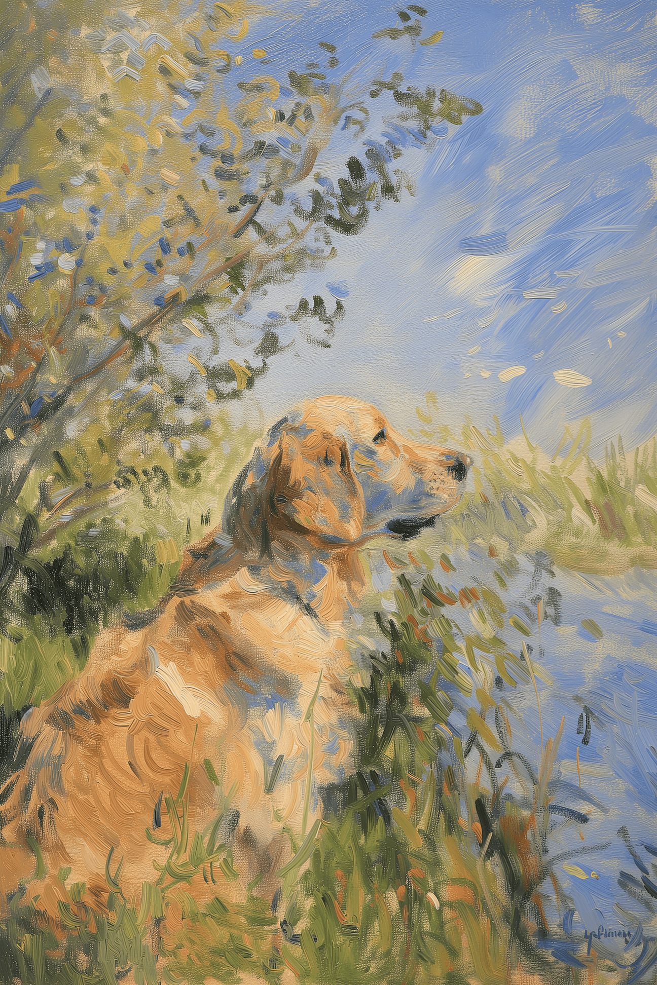 Impressionist painting of a Golden Retriever sitting by a calm lake, surrounded by nature - Paw Prints