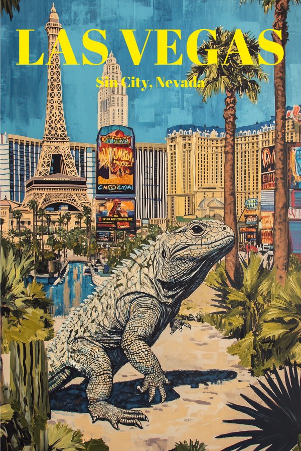 A vintage Las Vegas travel poster with a giant lizard in the middle of the Las Vegas Strip. 