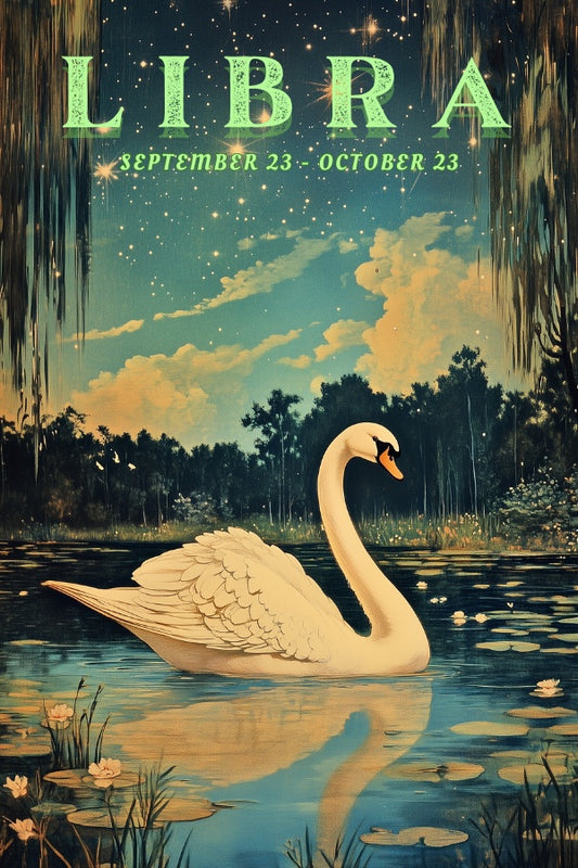 "Libra", a vintage astrology poster, featuring a swan in a calm pond underneath the stary night skies