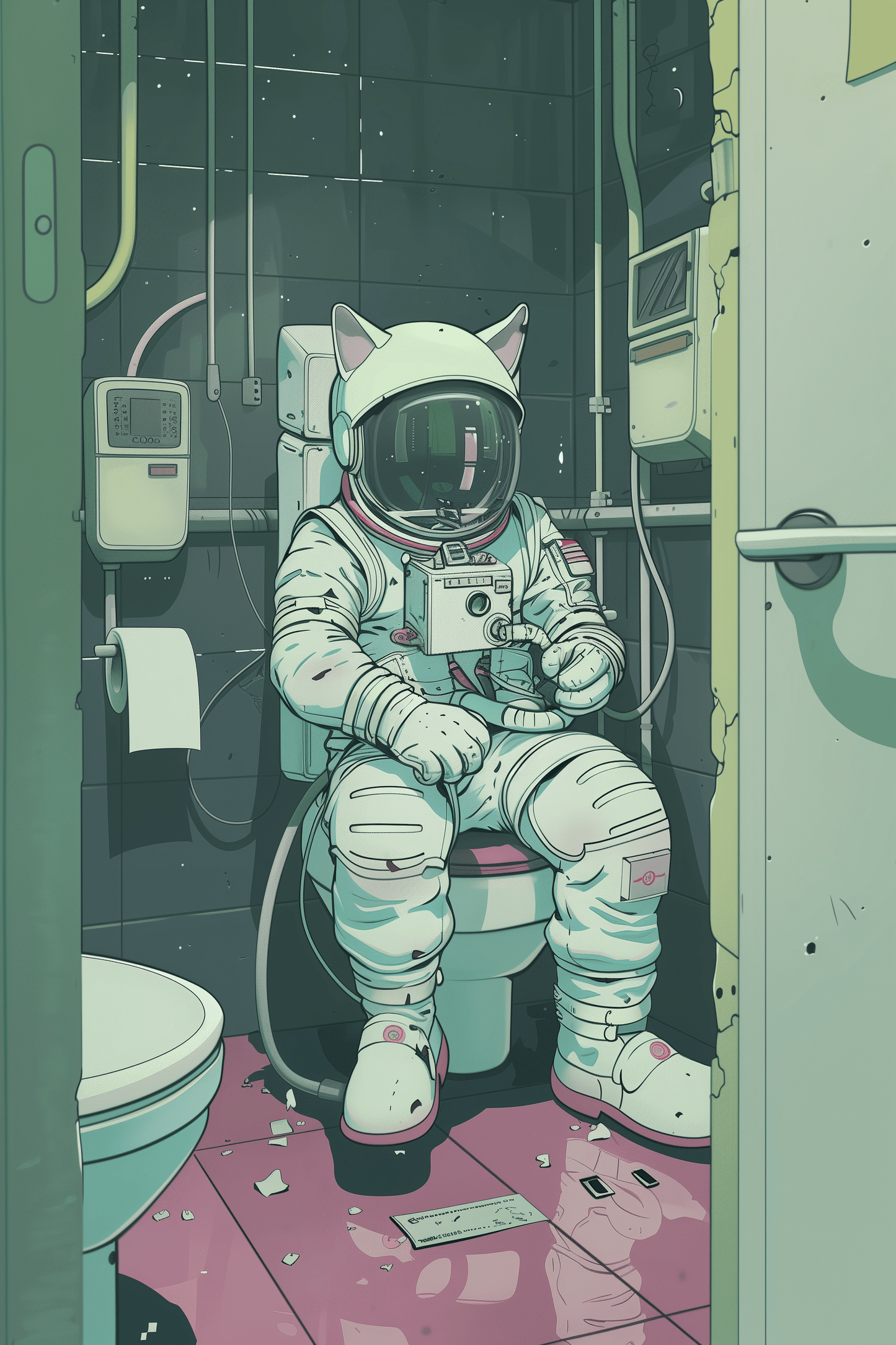 Painting of a Lofi astronaut cat sitting in a space station toilet - Paw Prints