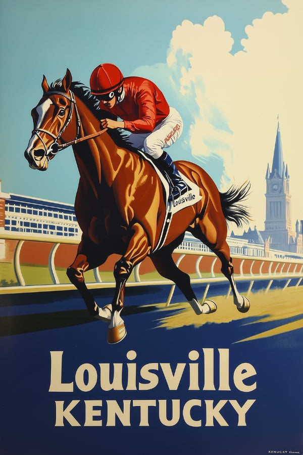 "Louisville, Kentucky", a vintage travel poster, featuring a horse derby in Louisville