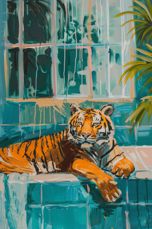 Acrylic painting of a Tiger lounging in a bathtub in tropical Miami - Paw Prints