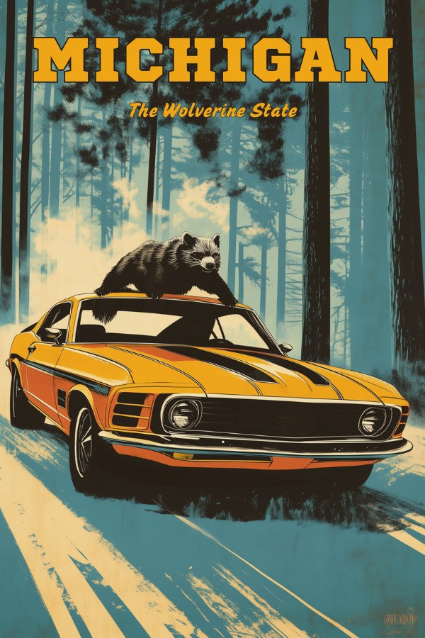 A vintage travel poster of Michigan, featuring a Wolverine on-top of a classic muscle car in the forest of Michigan