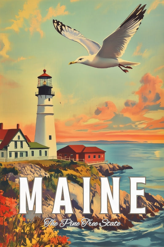 "Maine", a vintage travel poster, featuring a seagull flying next to the Portland Head Light