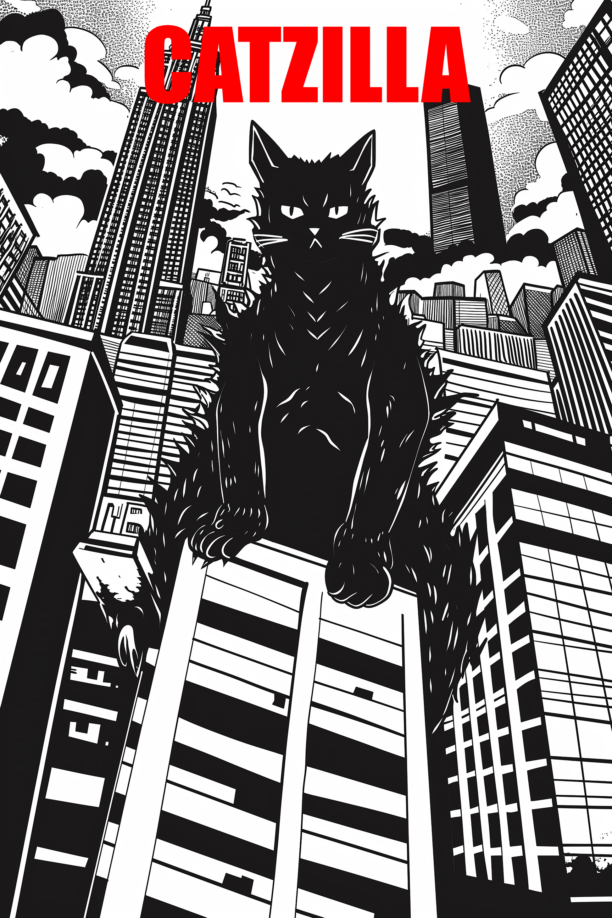 Poster of a manga depiction of Catzilla over large buildings, Black and White - Paw Prints