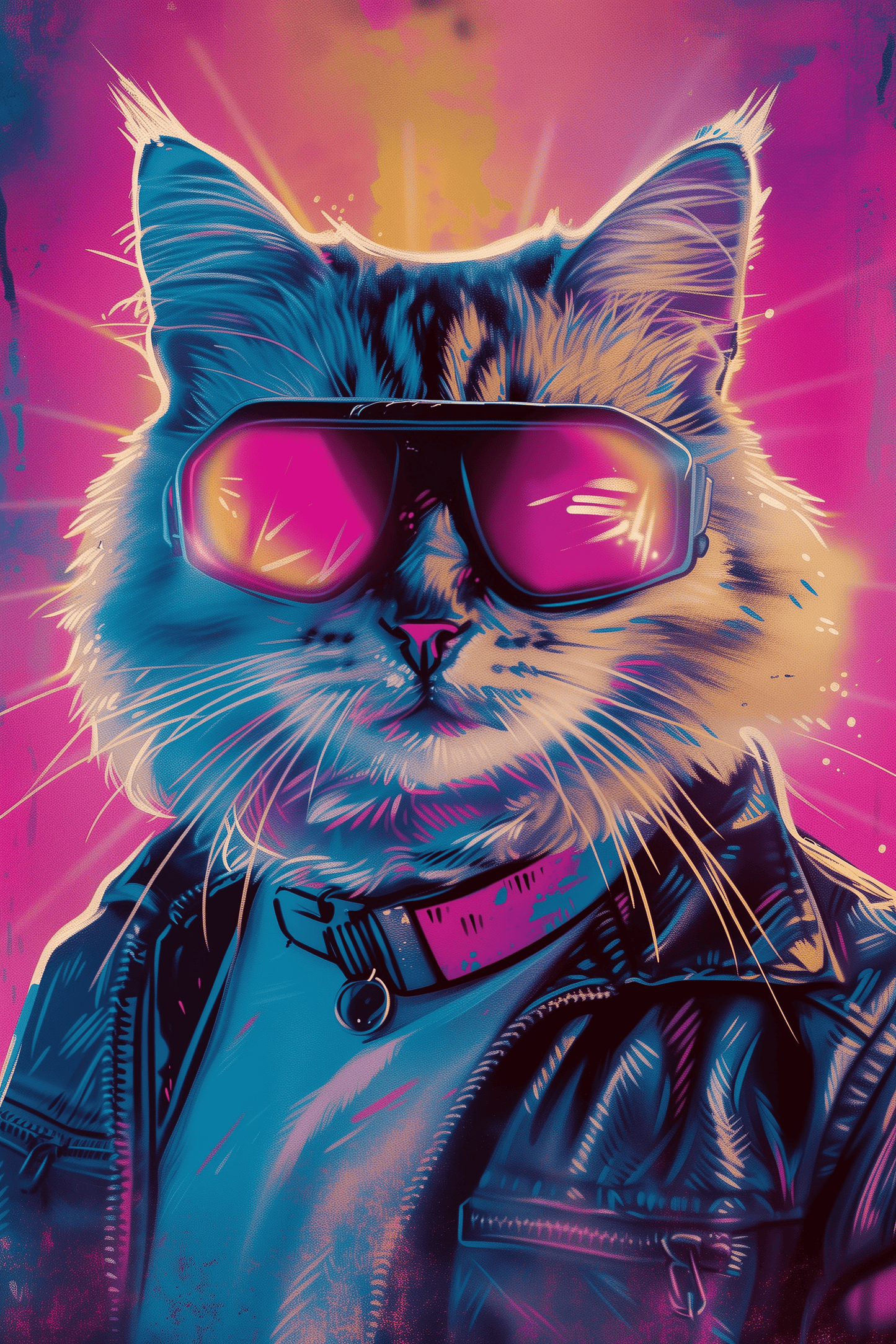 Retro framed poster of a cat wearing goggles and a leather jacket, pop art style - Paw Prints