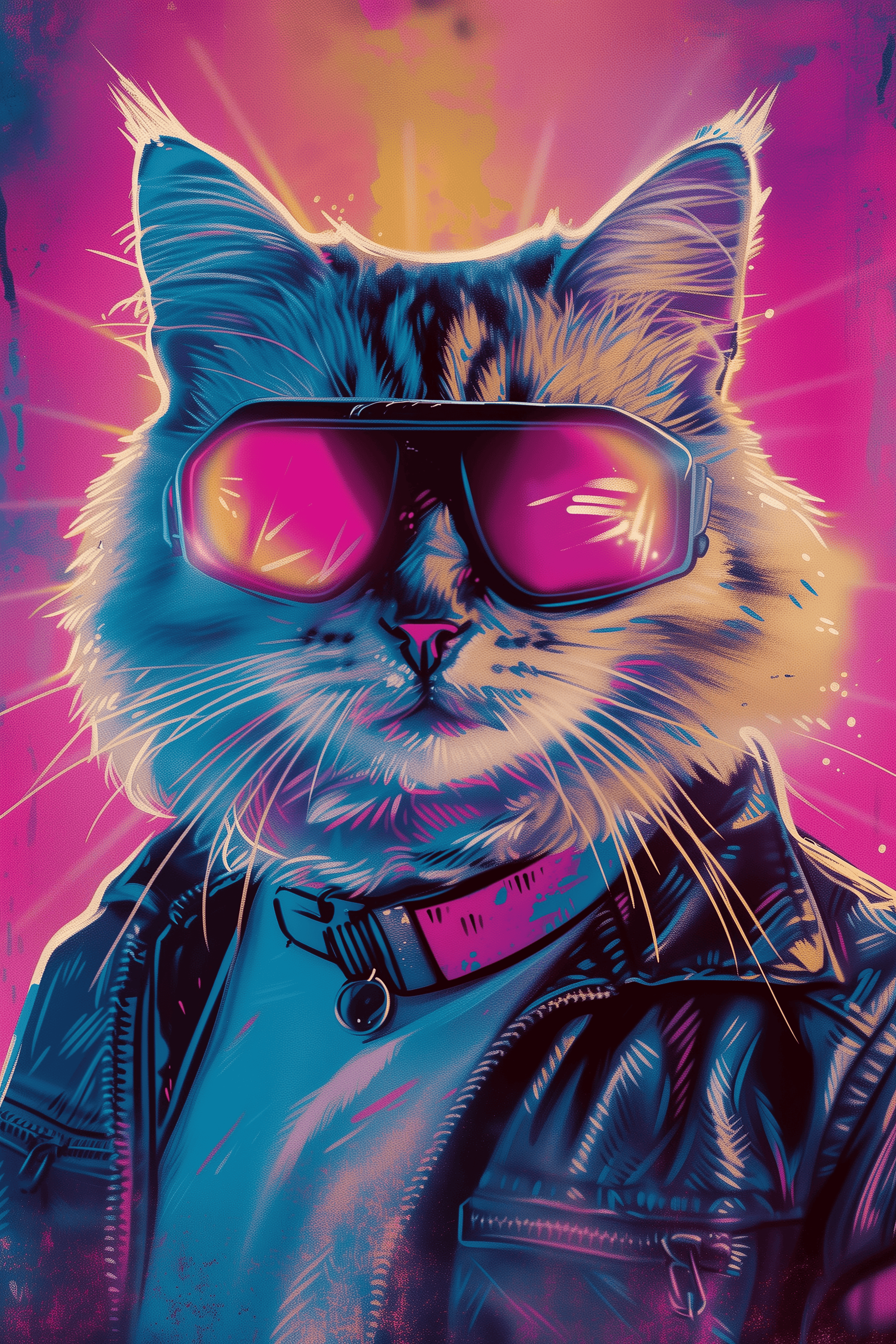 Retro framed poster of a cat wearing goggles and a leather jacket, pop art style - Paw Prints