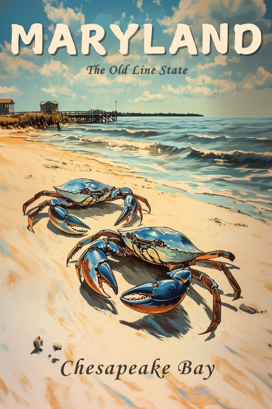 Vintage travel poster of Maryland, featuring 2 Maryland blue shell crabs on the beach of Chesapeake Bay