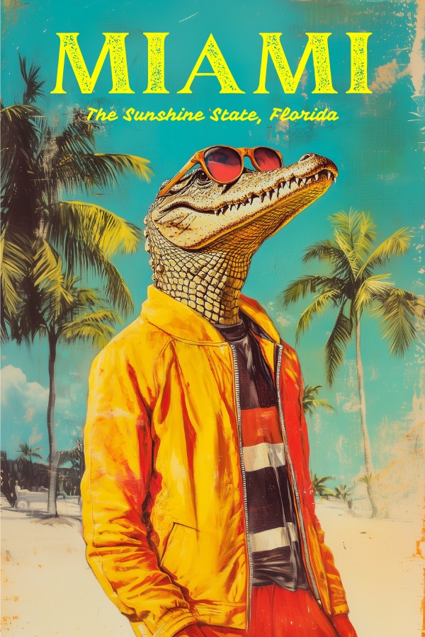 Vintage Travel poster of Miami Florida, featuring a crocodile wearing a tracksuit on Miami Beach. 