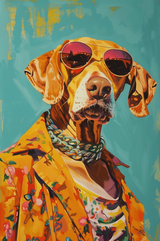 Painting of a golden Weimaraner portrait wearing chains and a Hawaiian shirt in Miami - Paw Prints