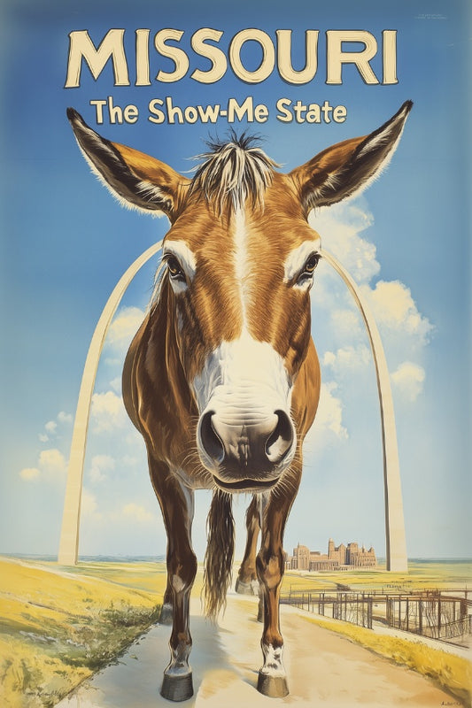 "Missouri", a vintage travel poster, featuring a Missouri Mule standing in front of the The Gateway Arch