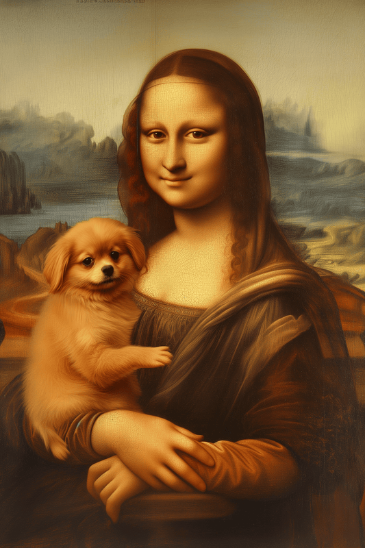 Painting of Mona Lisa holding a Pomeranian puppy - Paw Prints