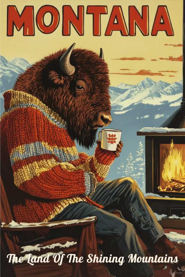 "Montana", a vintage travel poster, featuring a bison drinking coffee in the winters of the Montana mountains