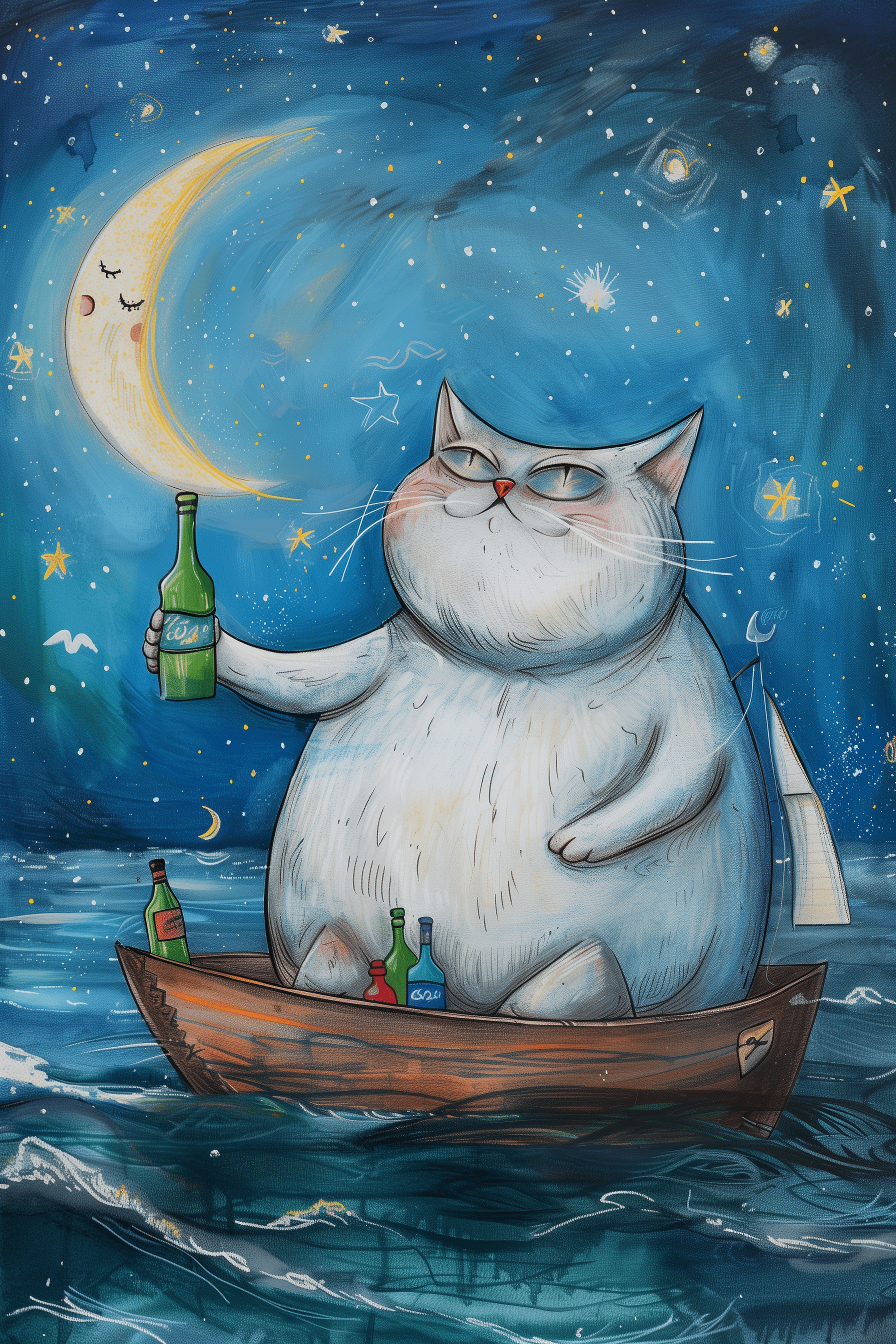 Painting of a fat cat on a rowboat, drinking alcohol and cheering the moon - Paw Prints