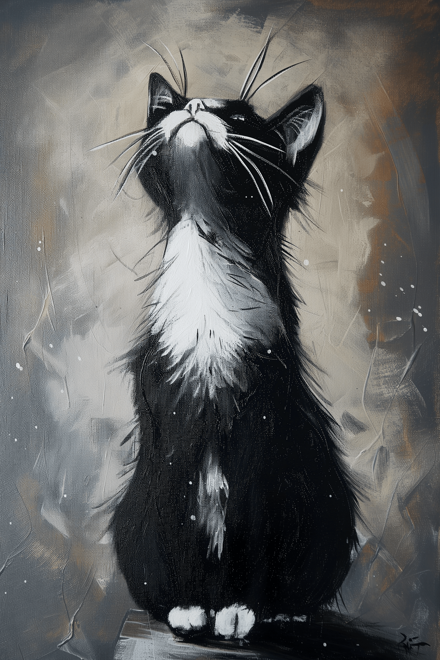 Painting of a black and white cat having a morning stretch, reaching to the sky - Paw Prints