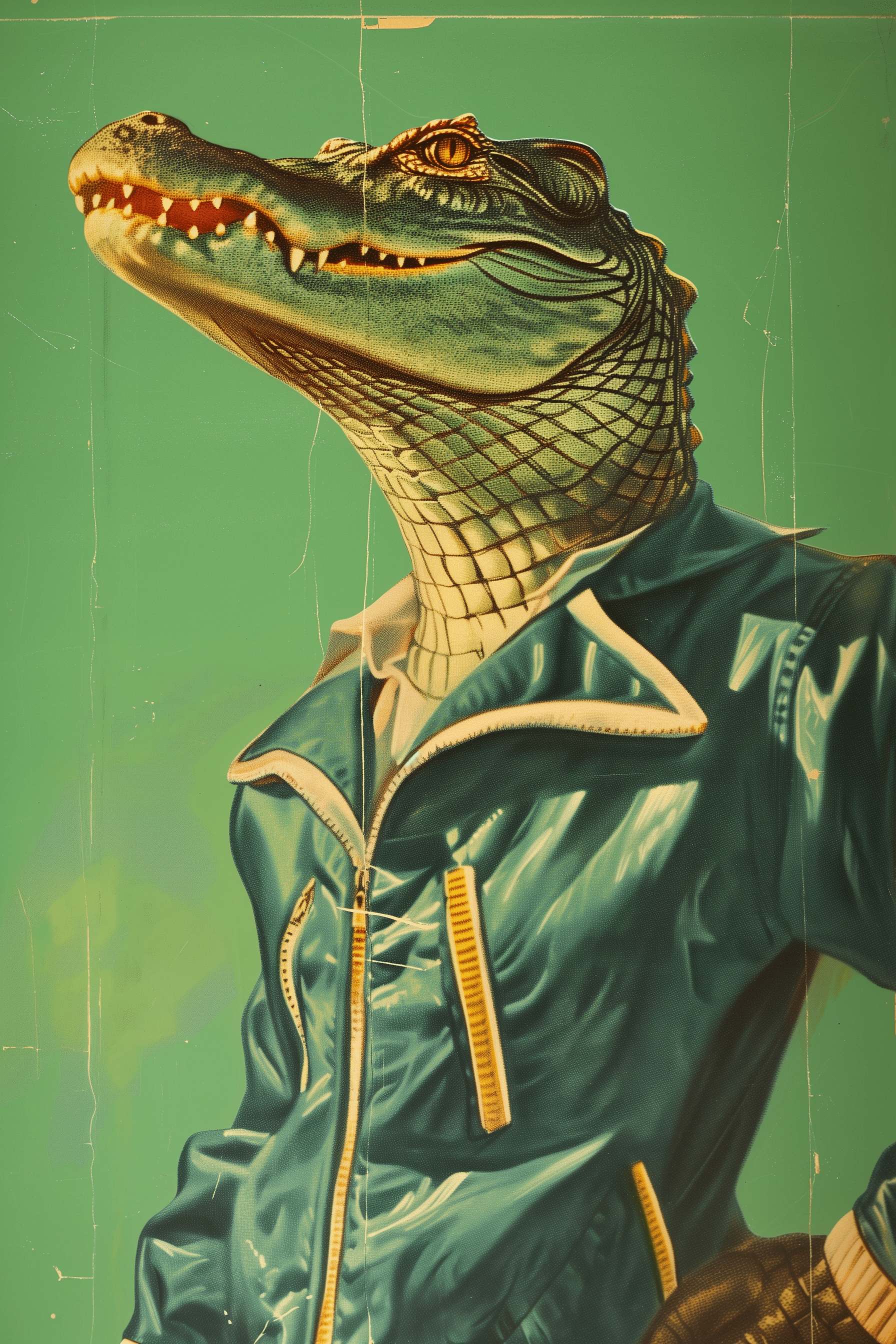 Retro vintage poster of a crocodile wearing a tracksuit - Paw Prints