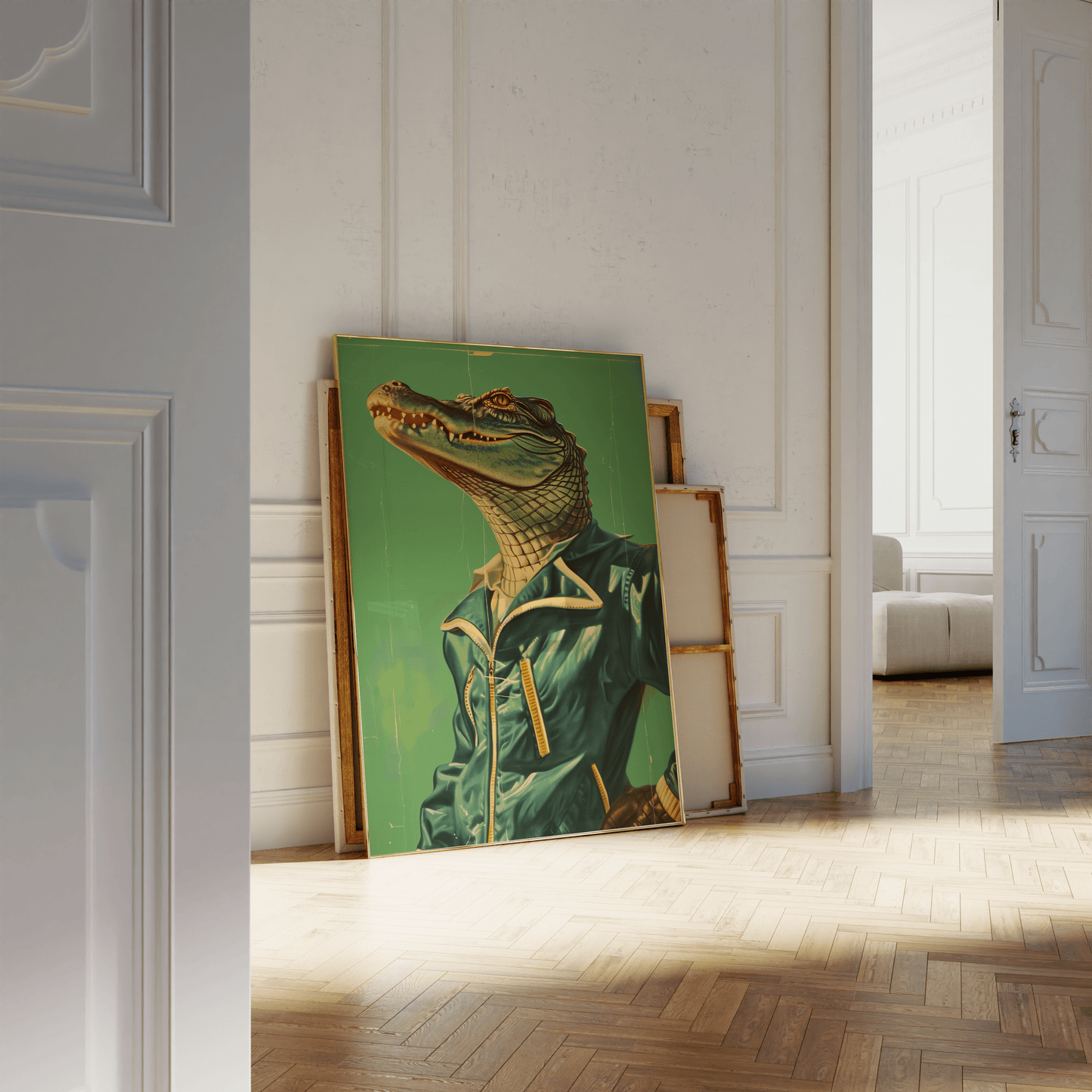 Retro vintage framed poster of a crocodile wearing a tracksuit, leaning against a white bathroom wall - Paw Prints