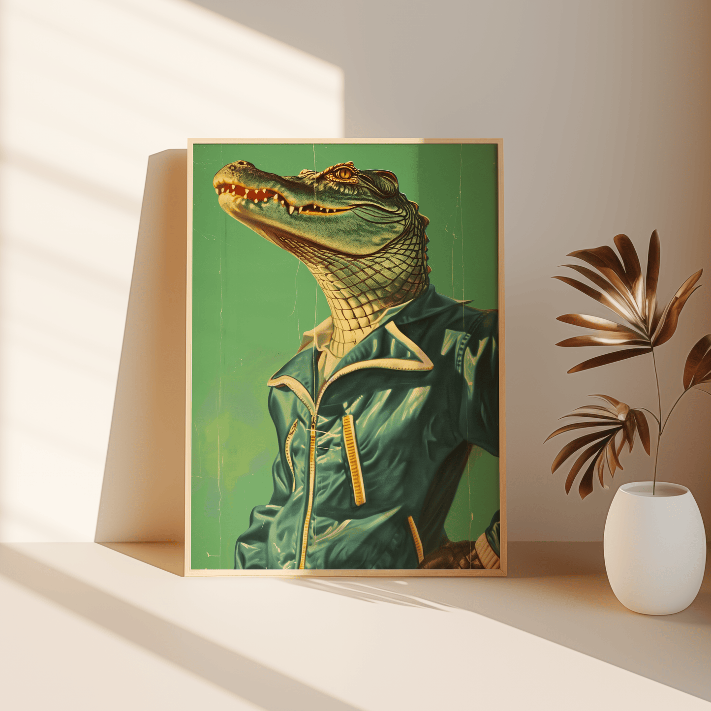 Retro vintage framed poster of a crocodile wearing a tracksuit, leaning against the bedroom floor - Paw Prints