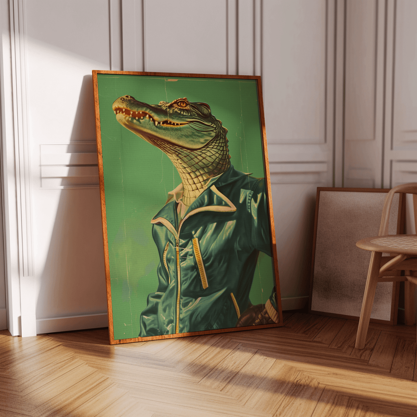 Retro vintage framed poster of a crocodile wearing a tracksuit, in a hallway - Paw Prints