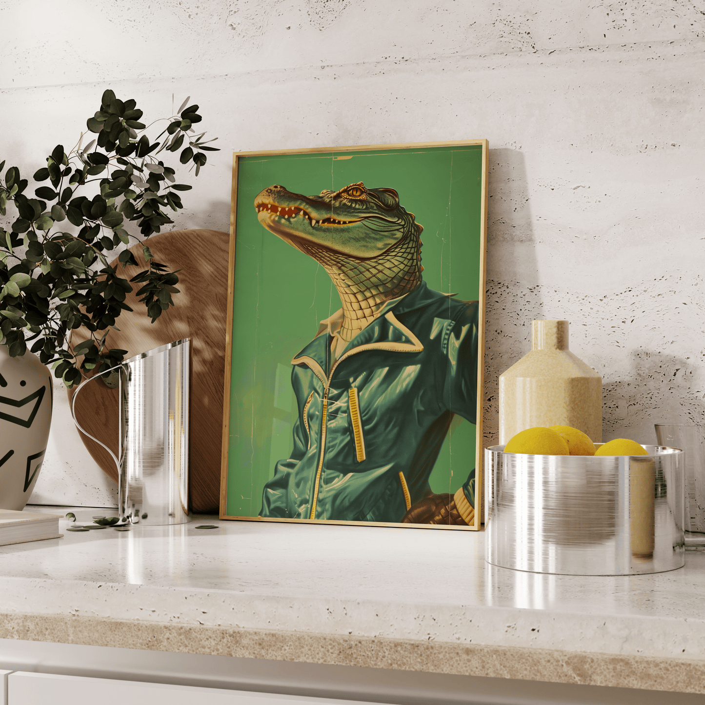 Retro vintage framed poster of a crocodile wearing a tracksuit, leaning against the kitchen counter - Paw Prints