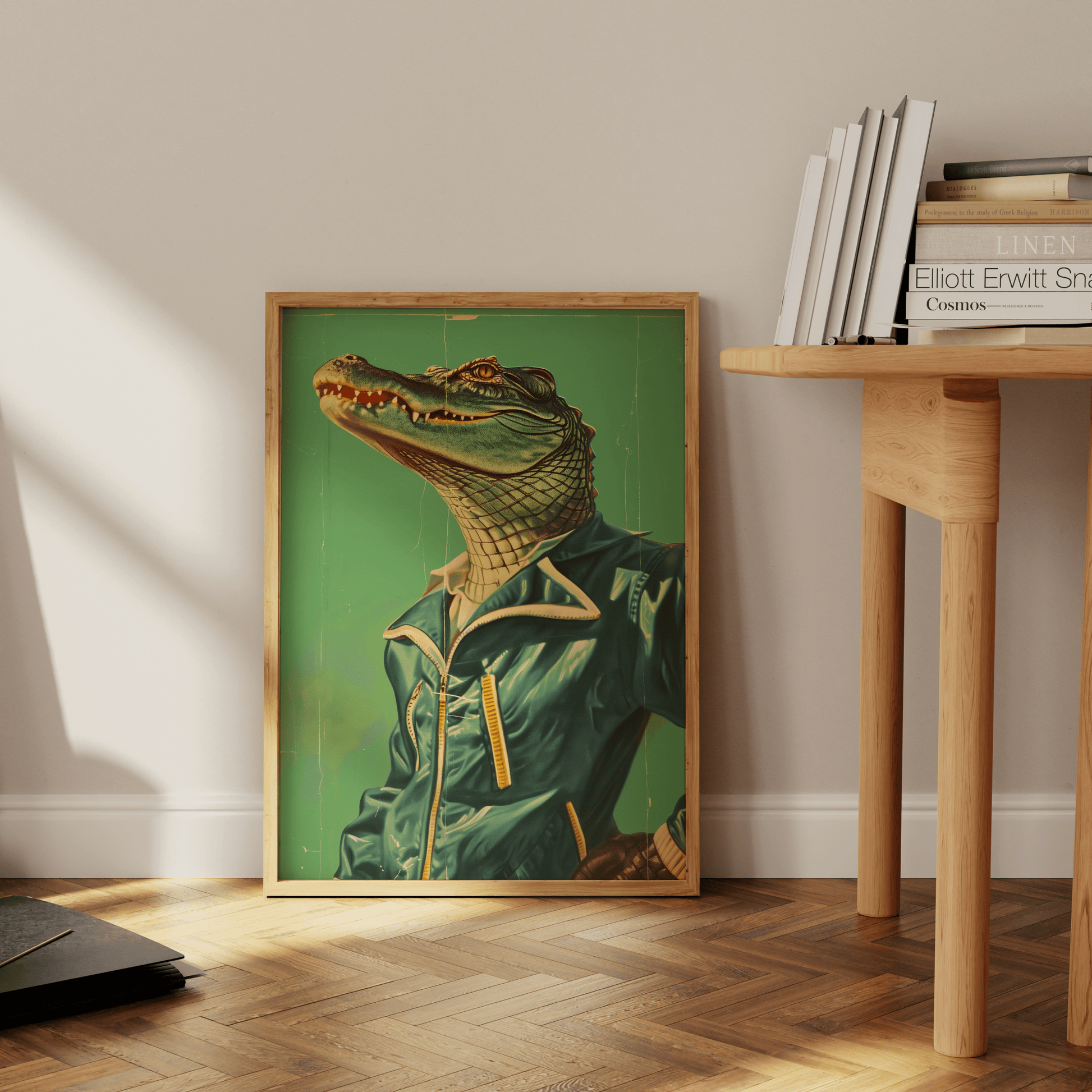 Retro vintage framed poster of a crocodile wearing a tracksuit, leaning against the office wall - Paw Prints