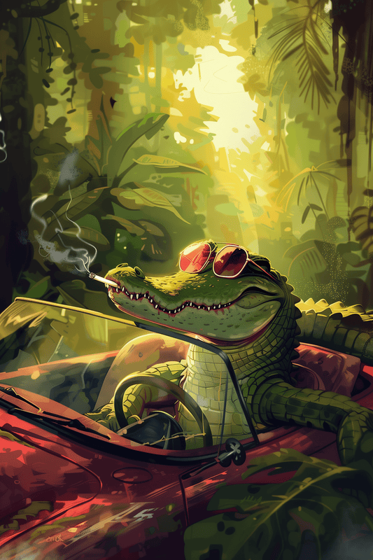 Painting of a pimp crocodile drifting his car in the jungle while smoking a cigarette - Paw Prints