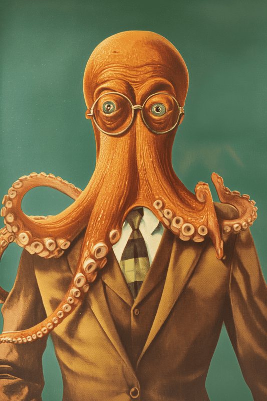 Vintage painting of an octopus wearing glasses and a suit - Paw Prints