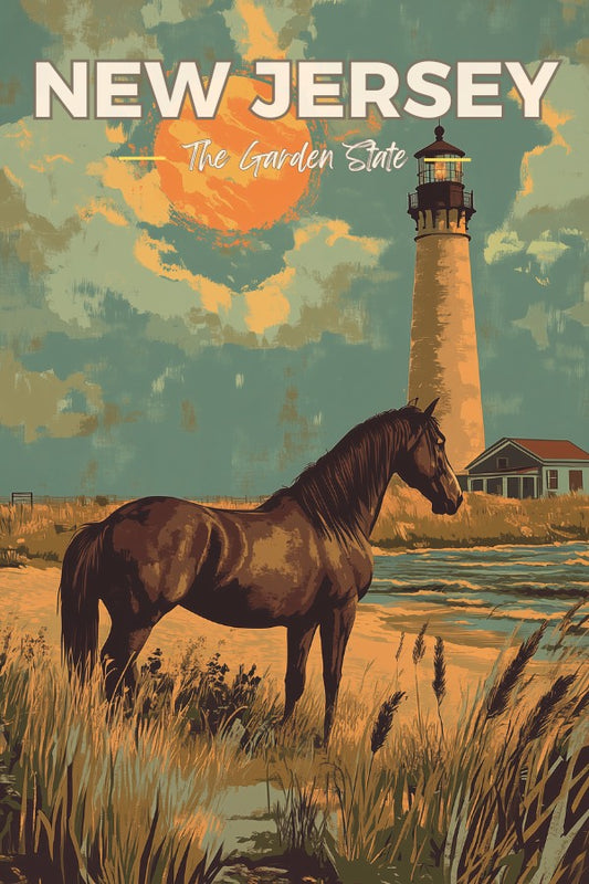 A vintage travel poster of New Jersey, featuring a horse standing on the shores of New Jersey