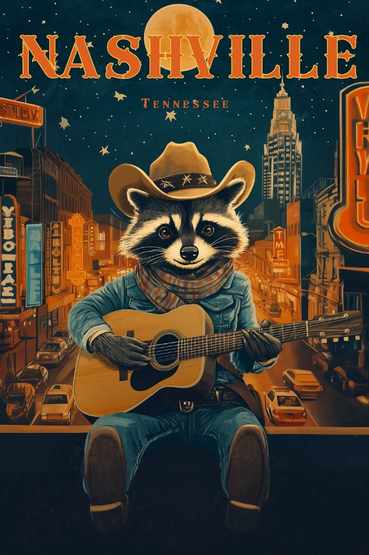 vintage travel poster, featuring a cowboy raccoon playing guitar at downtown Nashville, Tennessee, at the nightlife