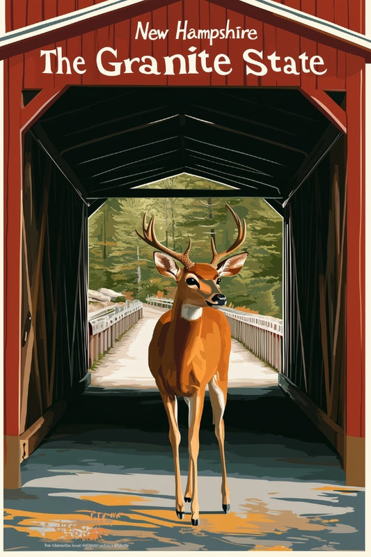 "New Hampshire", a vintage travel poster, featuring a white-tail deer in front of a covered bridge