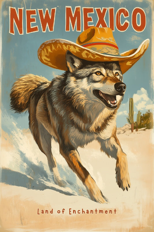 "New Mexico", a vintage travel poster, featuring a wolf wearing a sombrero running through the white sands of New Mexico