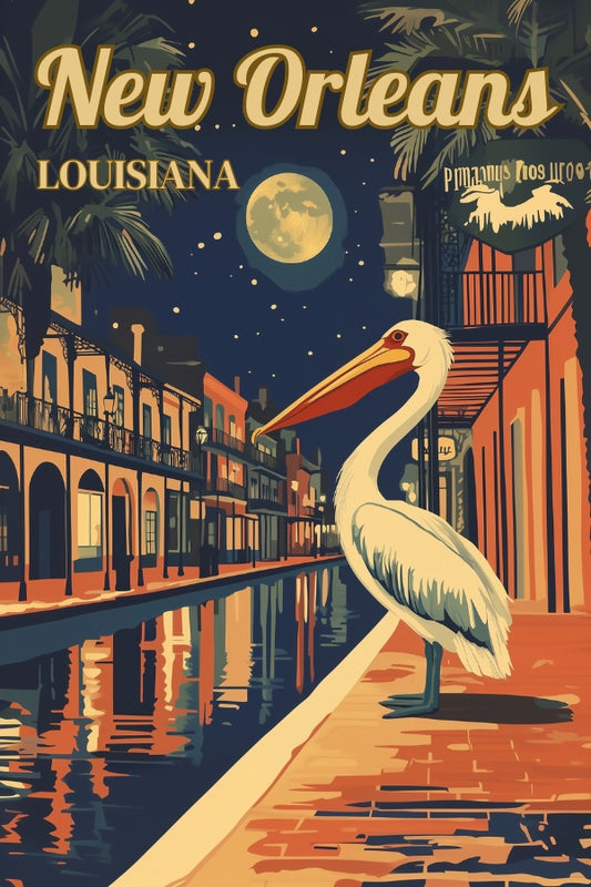 "New Orleans", a vintage travel poster, featuring a pelican standing on the streets of the French Quarter in New Orleans