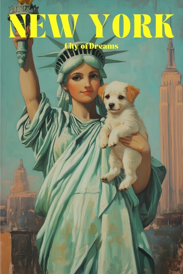 A Vintage travel poster of New York, City of Dreams, featuring Lady Liberty holding a puppy. 