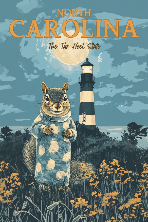 A vintage travel poster of North Carolina, featuring a squirrel wearing a onesie by a lighthouse