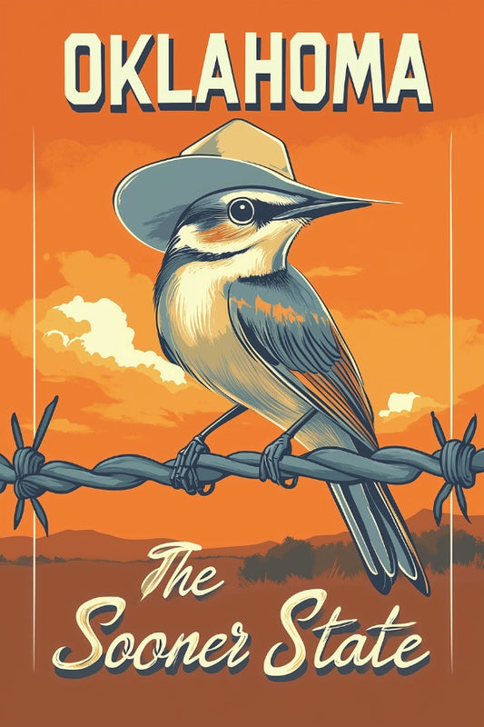 "Oklahoma", a vintage travel poster, featuring a Scissor-tailed flycatcher perched on a barbwire wearing a cowboy hat