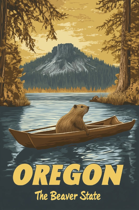 "Oregon", a vintage travel poster, featuring a beaver inside of a rowboat in the lakes of the Crater Lake National Park in Oregon