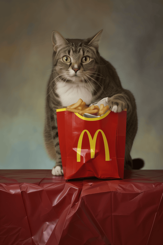 A photoshoot of a cat with its paws on McDonalds fries, promotional style - Paw Prints 