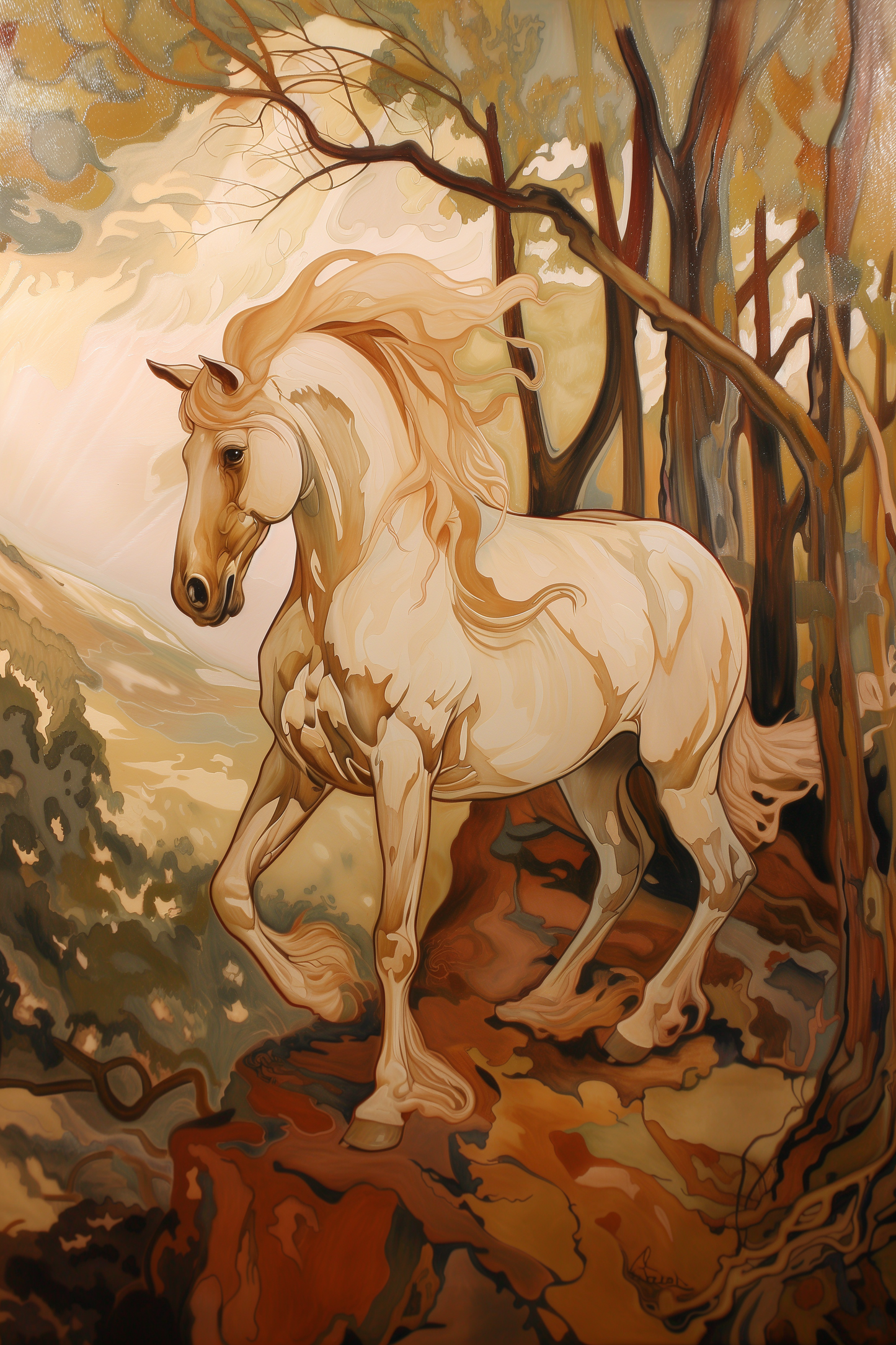 Painting of a majestic white horse overlooking a view on a mountain - Paw Prints